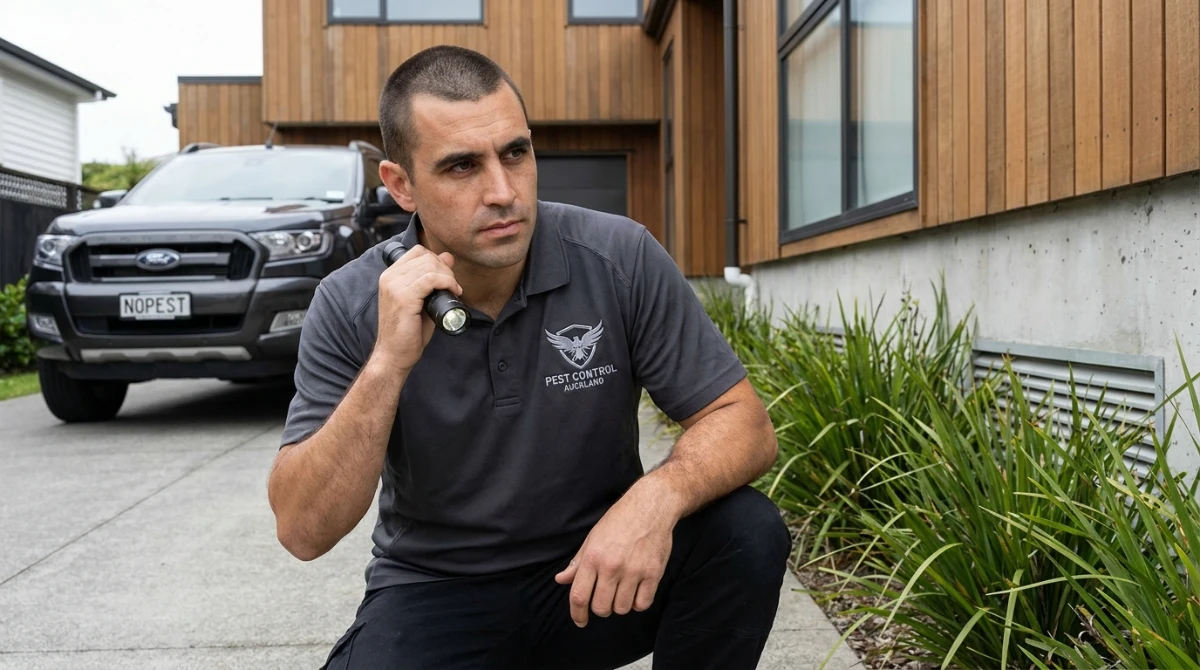 Pest control technician inspecting Avondale home exterior