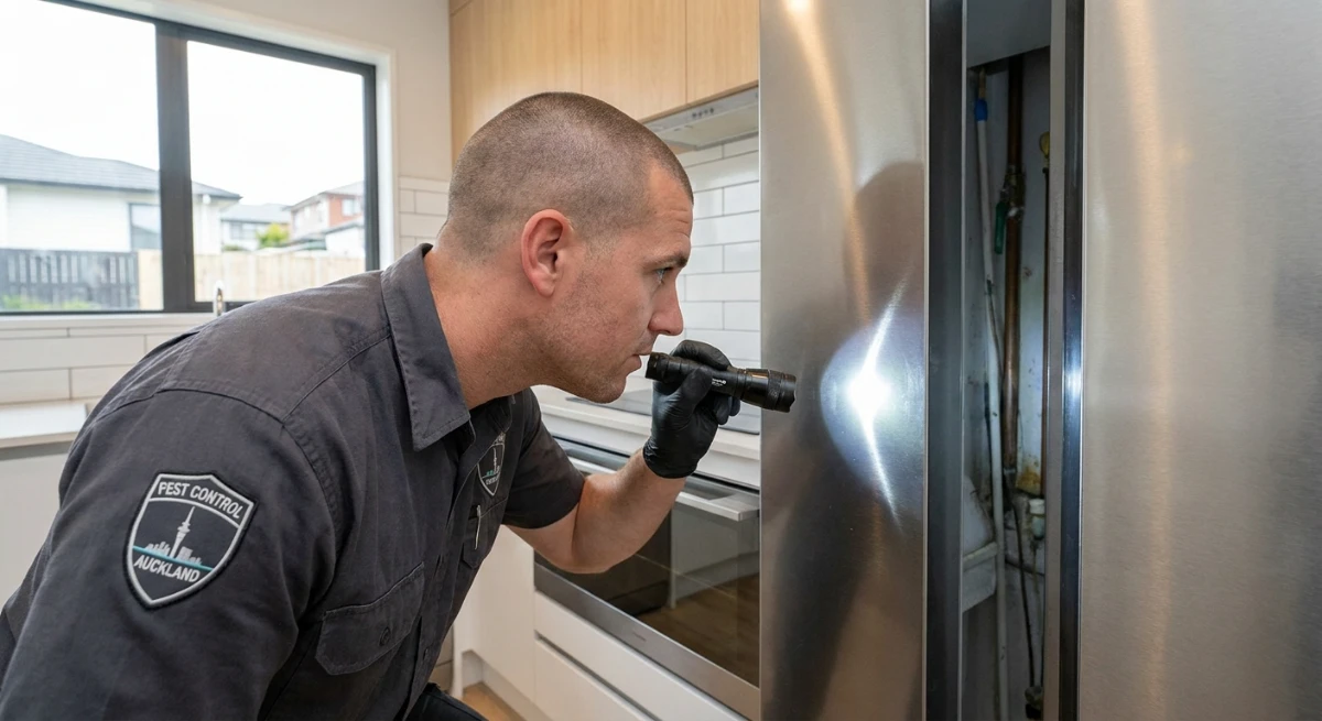 Pest control technician inspecting behind a kitchen fridge for roach nests