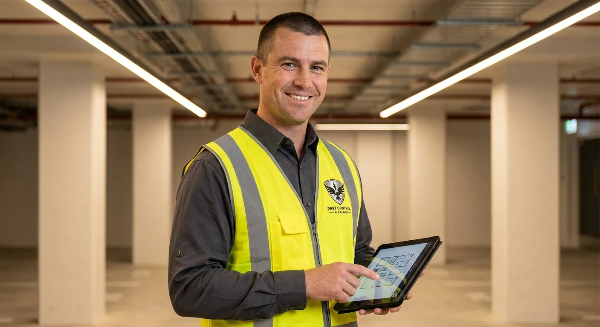 Pest control technician inspecting body corporate basement in Auckland