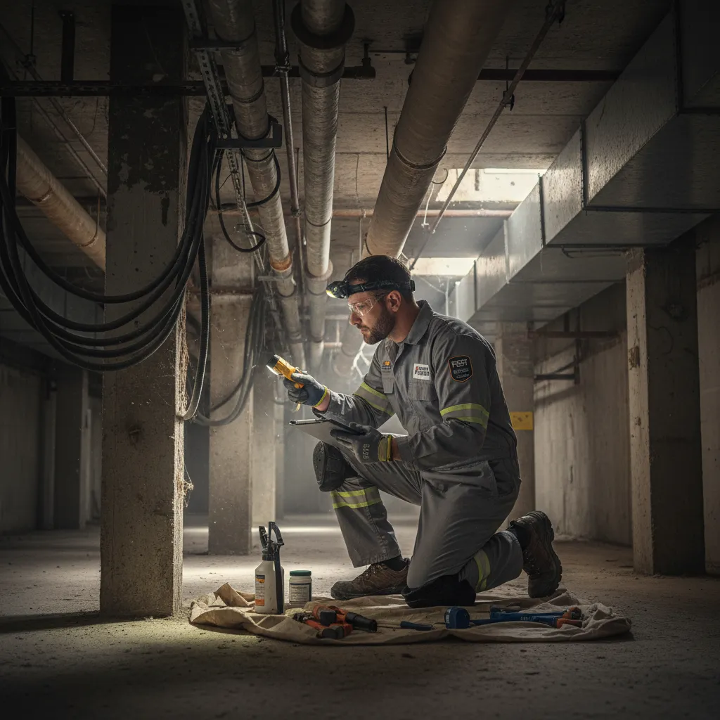 Pest control technician inspecting building compliance