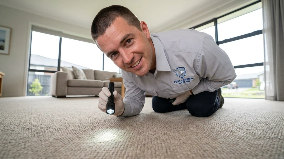Pest control technician inspecting carpet for fleas in Auckland