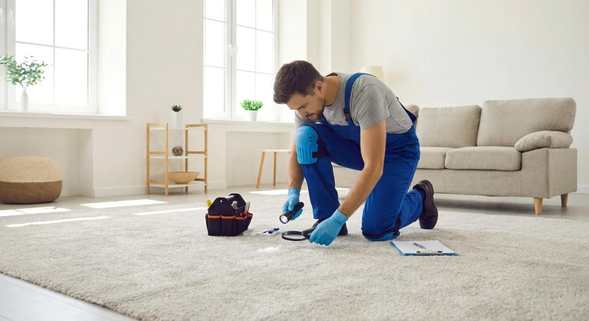 Pest control technician inspecting carpets for fleas