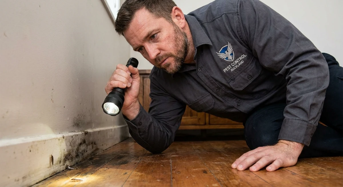 Pest control technician inspecting damp skirting board for insects