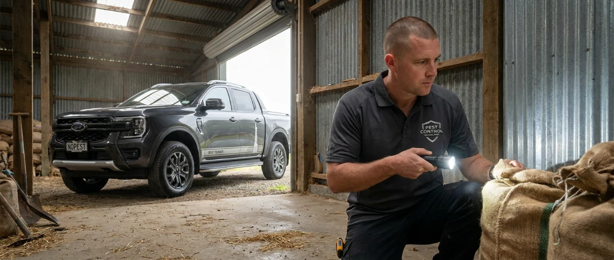 Pest control technician inspecting farm feed storage