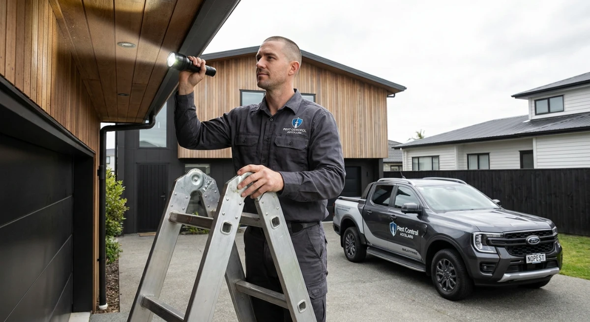 Pest control technician inspecting home for rodent entry points