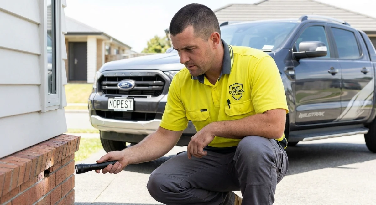 Pest control technician inspecting home foundation in Auckland