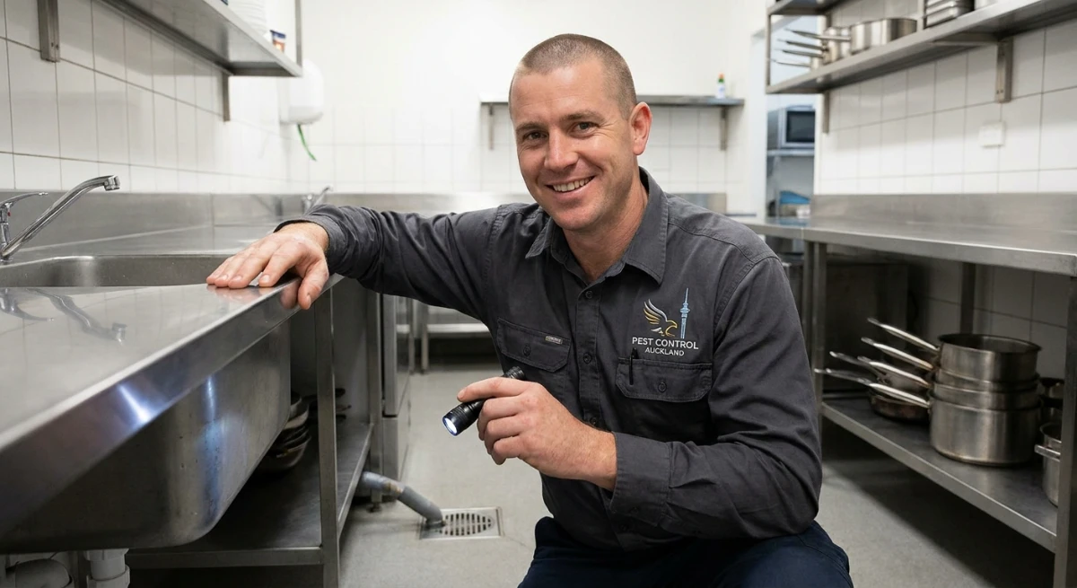 Pest control technician inspecting kitchen for flies in West Auckland