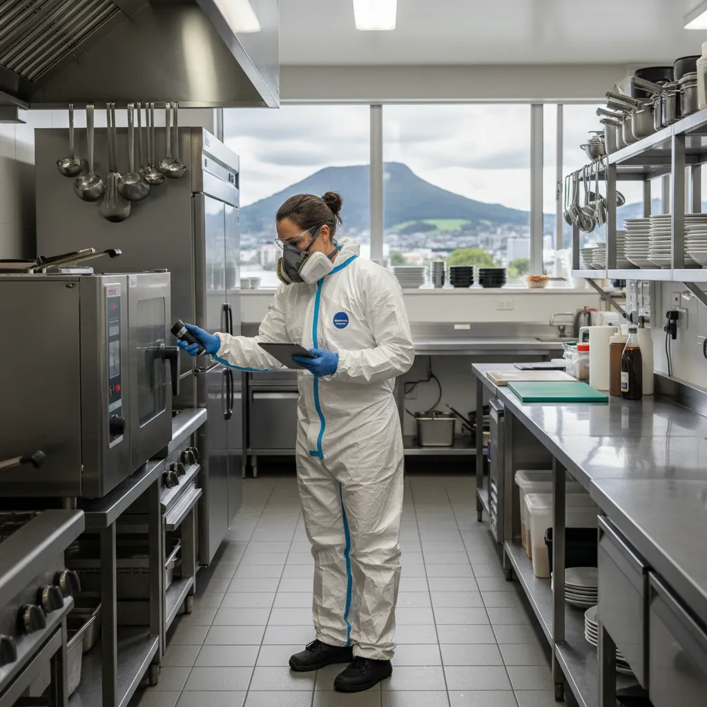 Pest control technician inspecting Mt Eden commercial kitchen