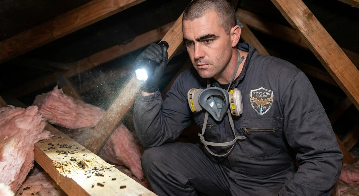 Pest control technician inspecting roof cavity for rodent diseases