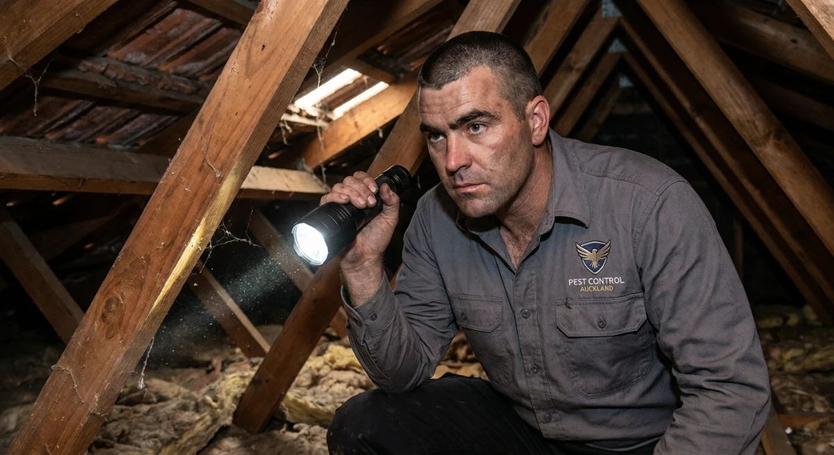 Pest Control Technician inspecting roof cavity in West Auckland