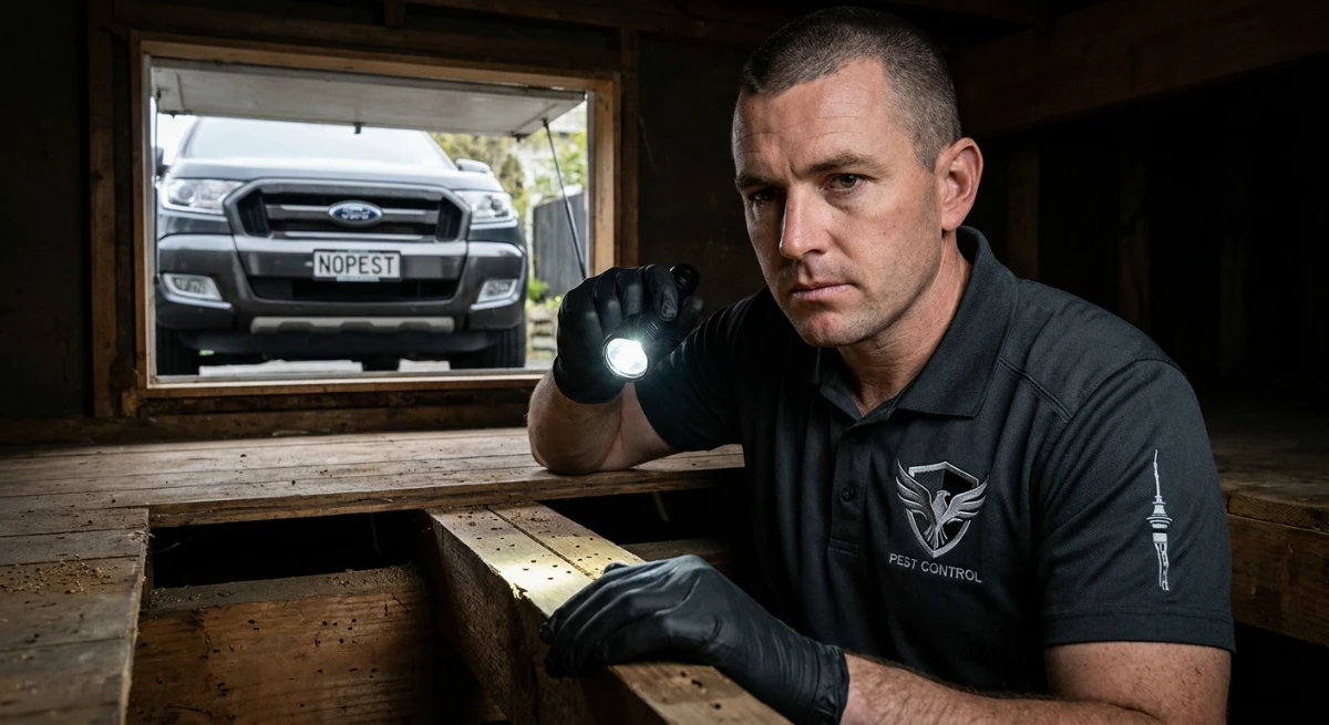 Pest control technician inspecting subfloor for borer in Auckland