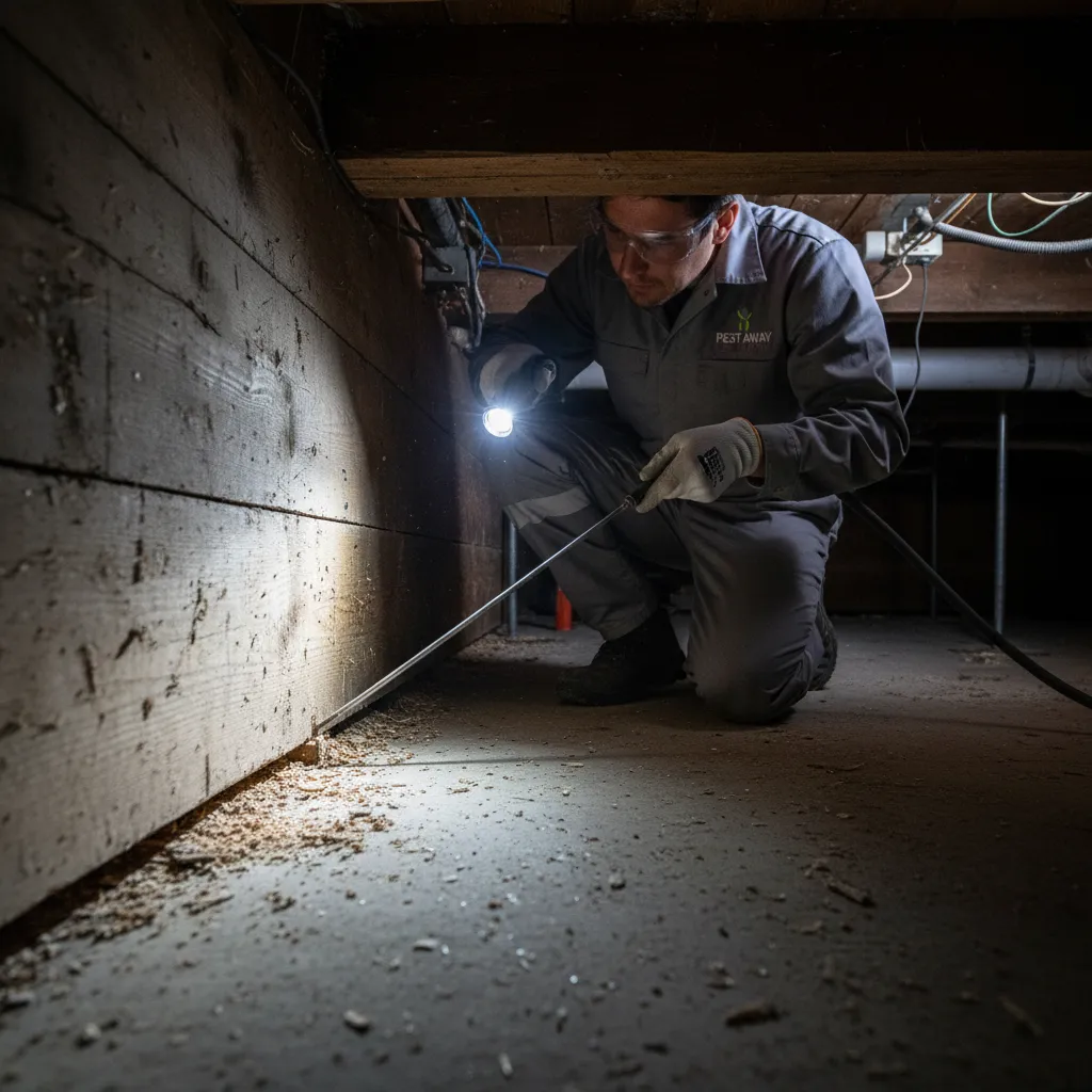 Pest control technician inspecting timber beam for injection