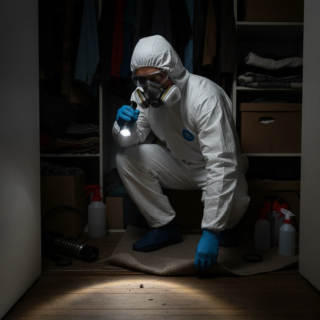 Pest control technician inspecting wardrobe for moths