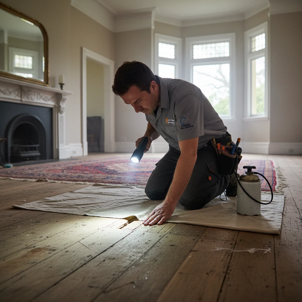 Pest control technician inspecting wooden floors for borer