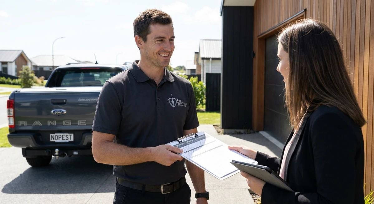 Pest control technician providing compliance documentation to a landlord