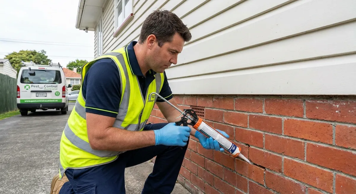 Pest control technician sealing rodent entry points in Auckland