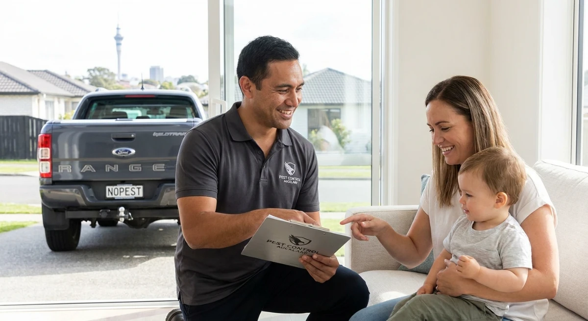 Pest control technician speaking with an Auckland family