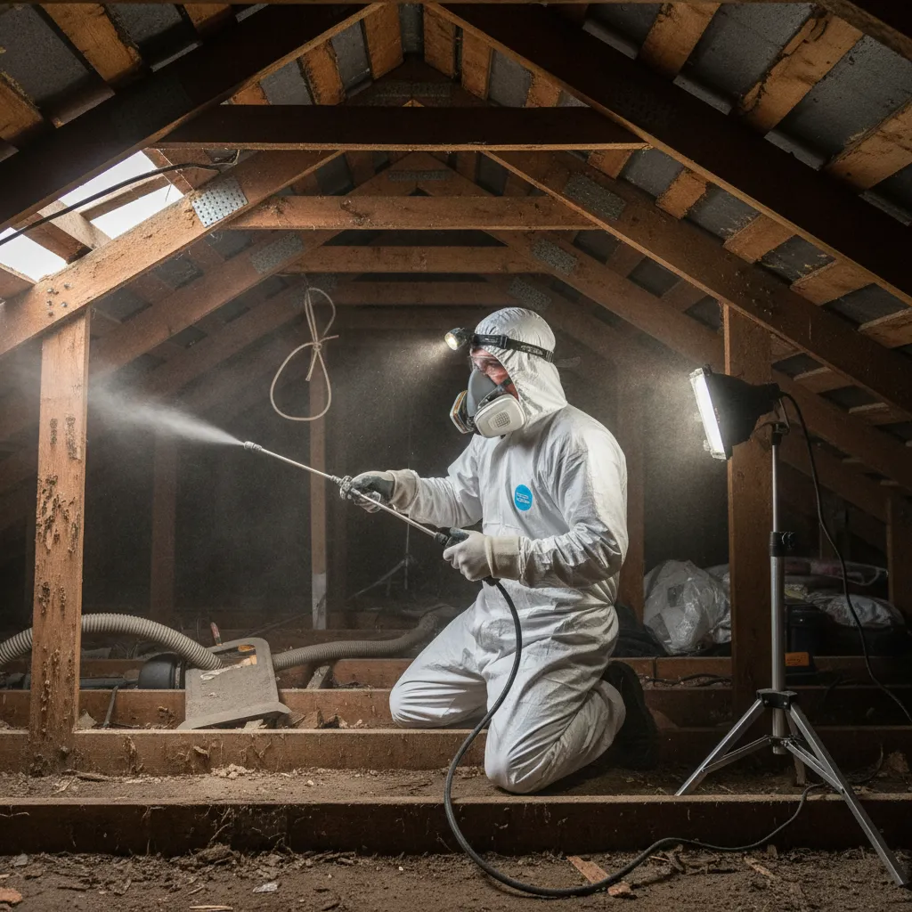 Pest control technician spraying a roof cavity for borer