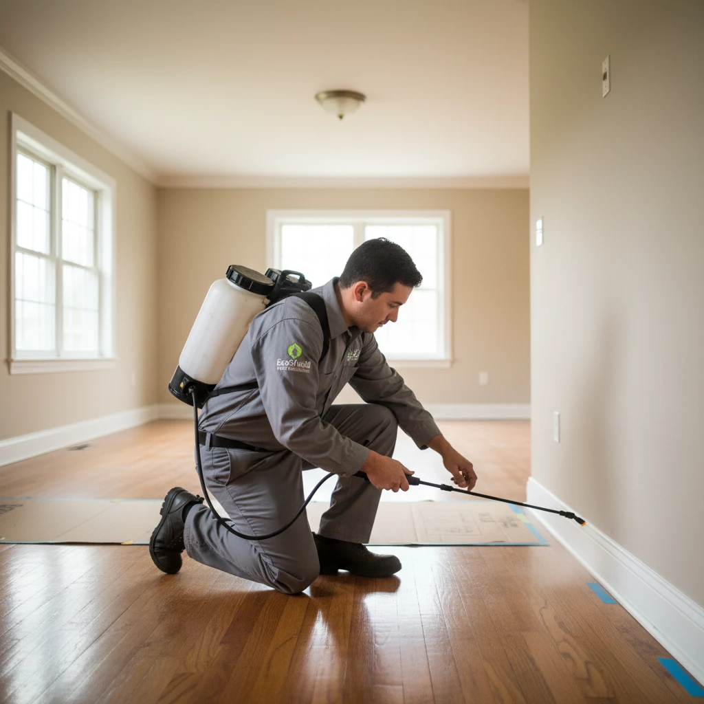 Pest control technician spraying skirting boards