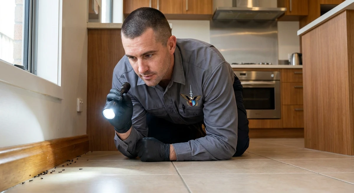 Pest technician inspecting kitchen for ants