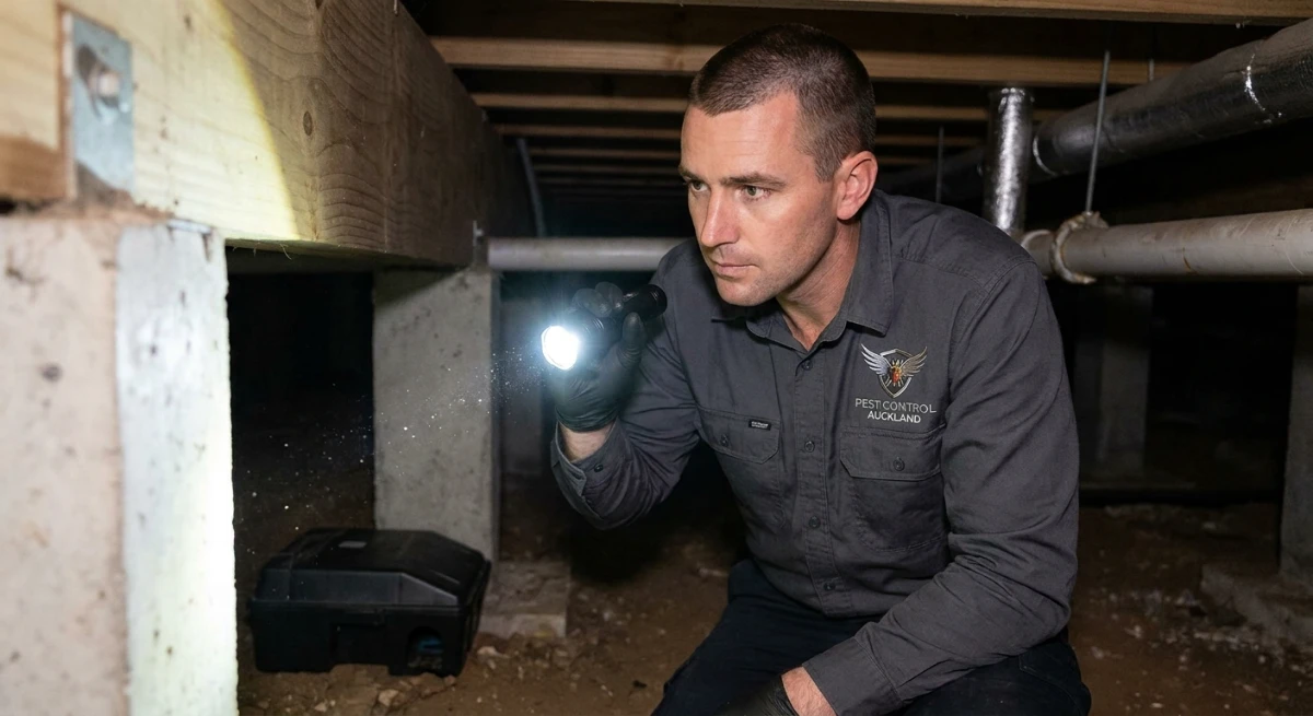 Pest technician inspecting subfloor for rat entry points in West Auckland