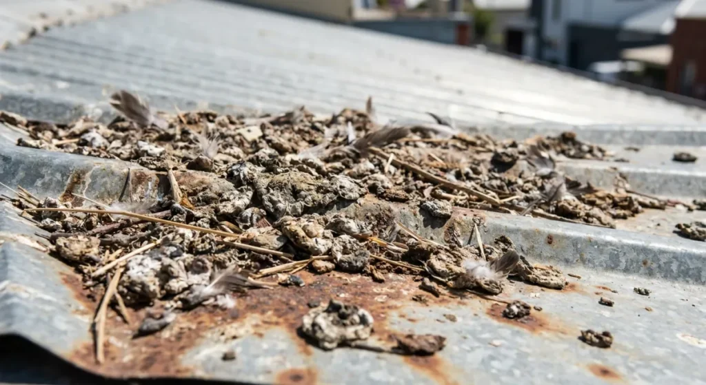 Pigeon guano and nesting debris accumulating on a metal roof