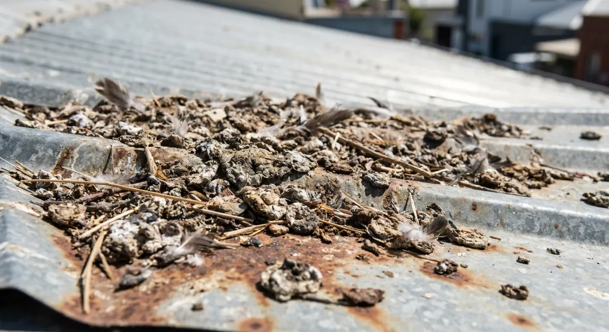 Pigeon guano and nesting debris accumulating on a metal roof