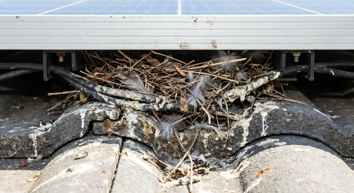 Pigeon nest and corrosive guano underneath a residential solar panel