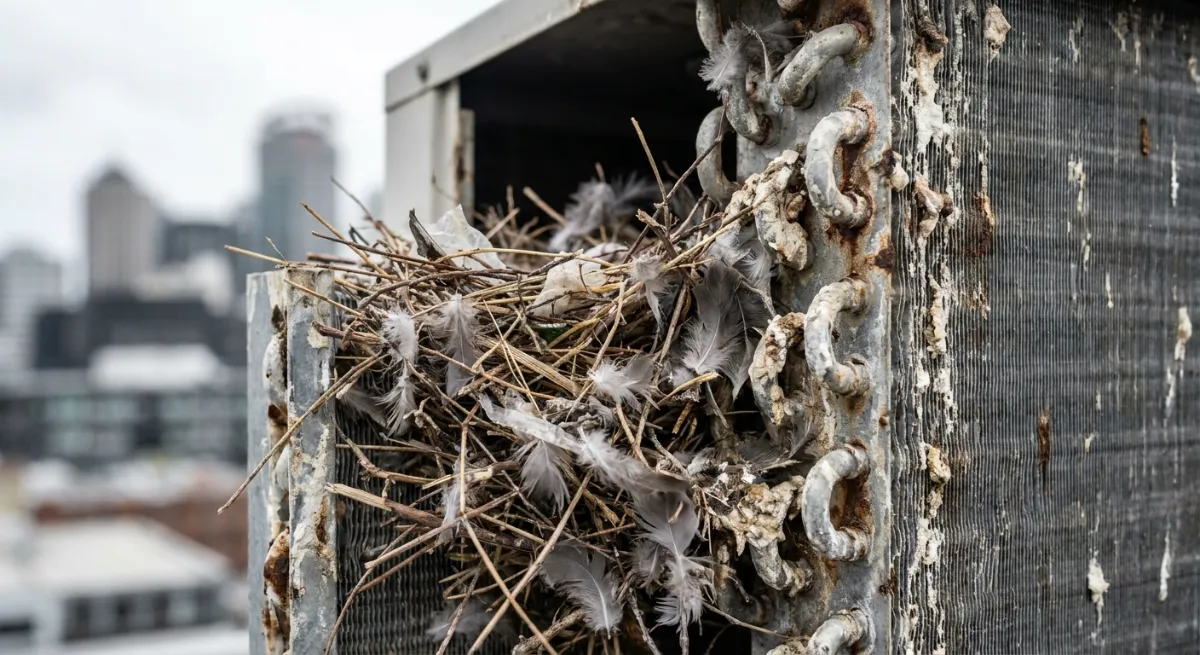 Pigeon nest causing damage inside a commercial HVAC unit in Auckland