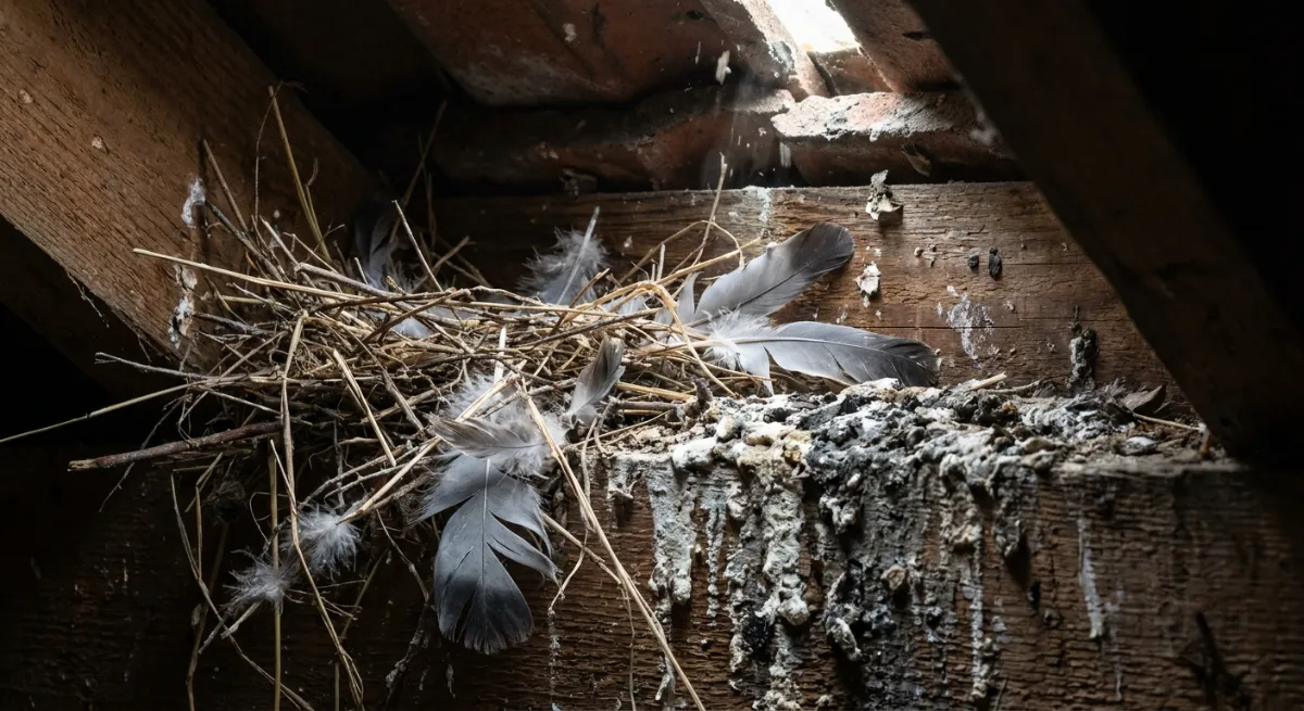 Pigeon nesting material and corrosive guano inside a residential roof cavity
