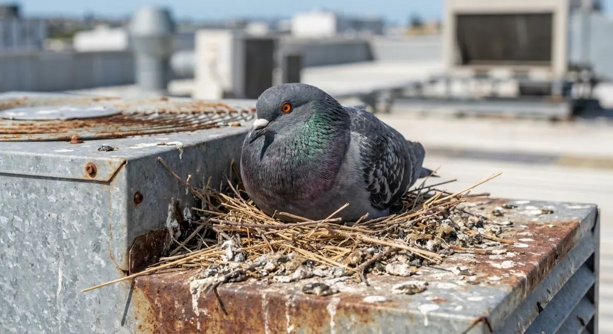 Pigeon nesting on a commercial HVAC unit causing structural damage