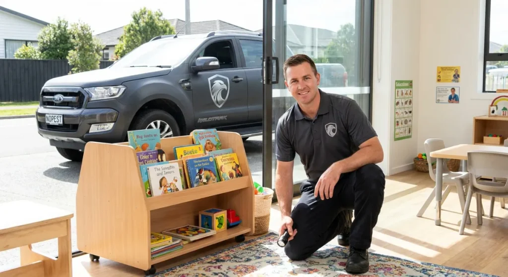 PMANZ certified pest control technician inspecting a childcare centre in Auckland