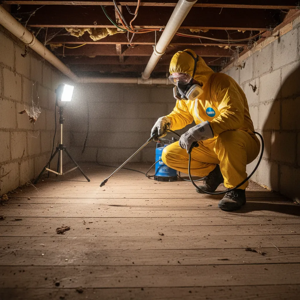 Professional applying borer treatment to subfloor in Auckland