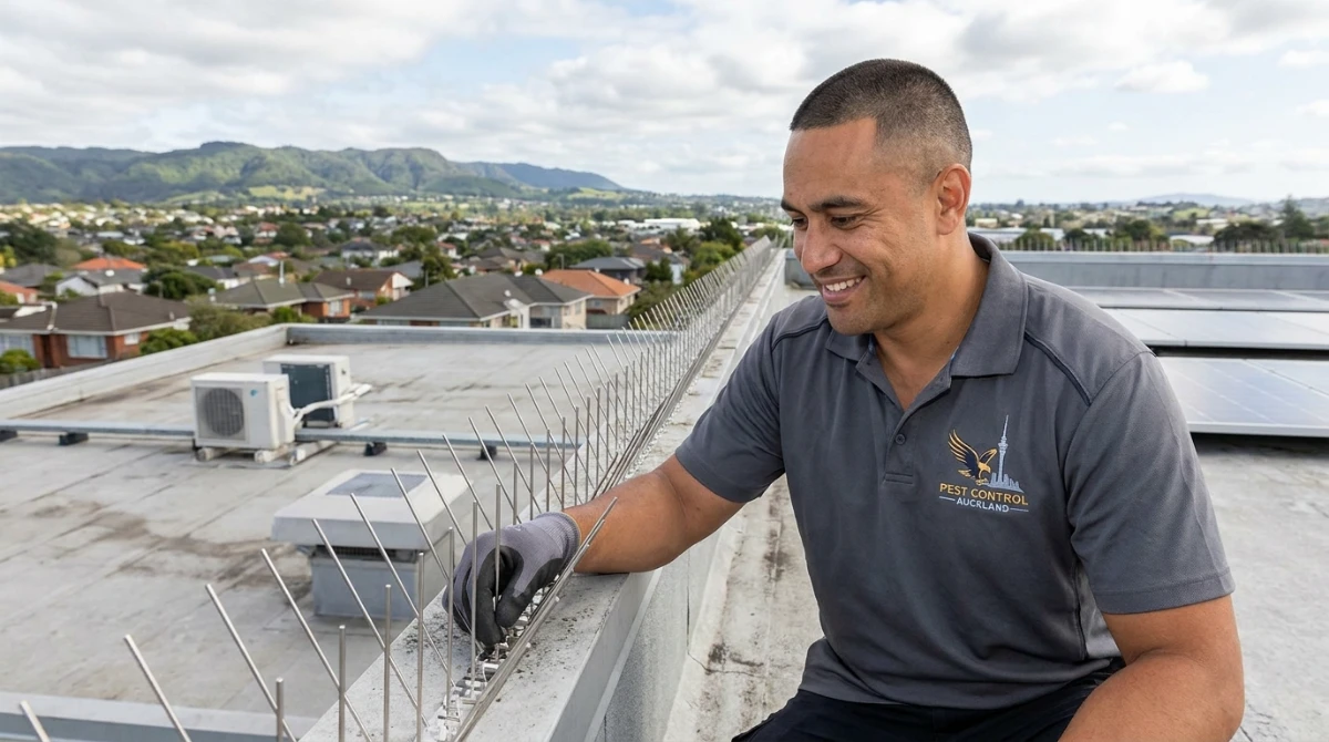 Professional bird control spikes installed on a Henderson commercial roof