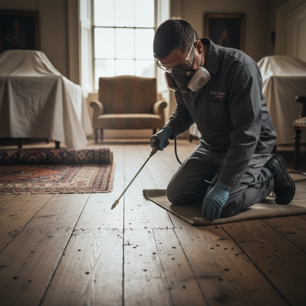 Professional borer treatment on villa floorboards