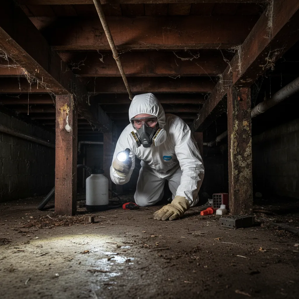 Professional borer treatment specialist in Auckland inspecting subfloor