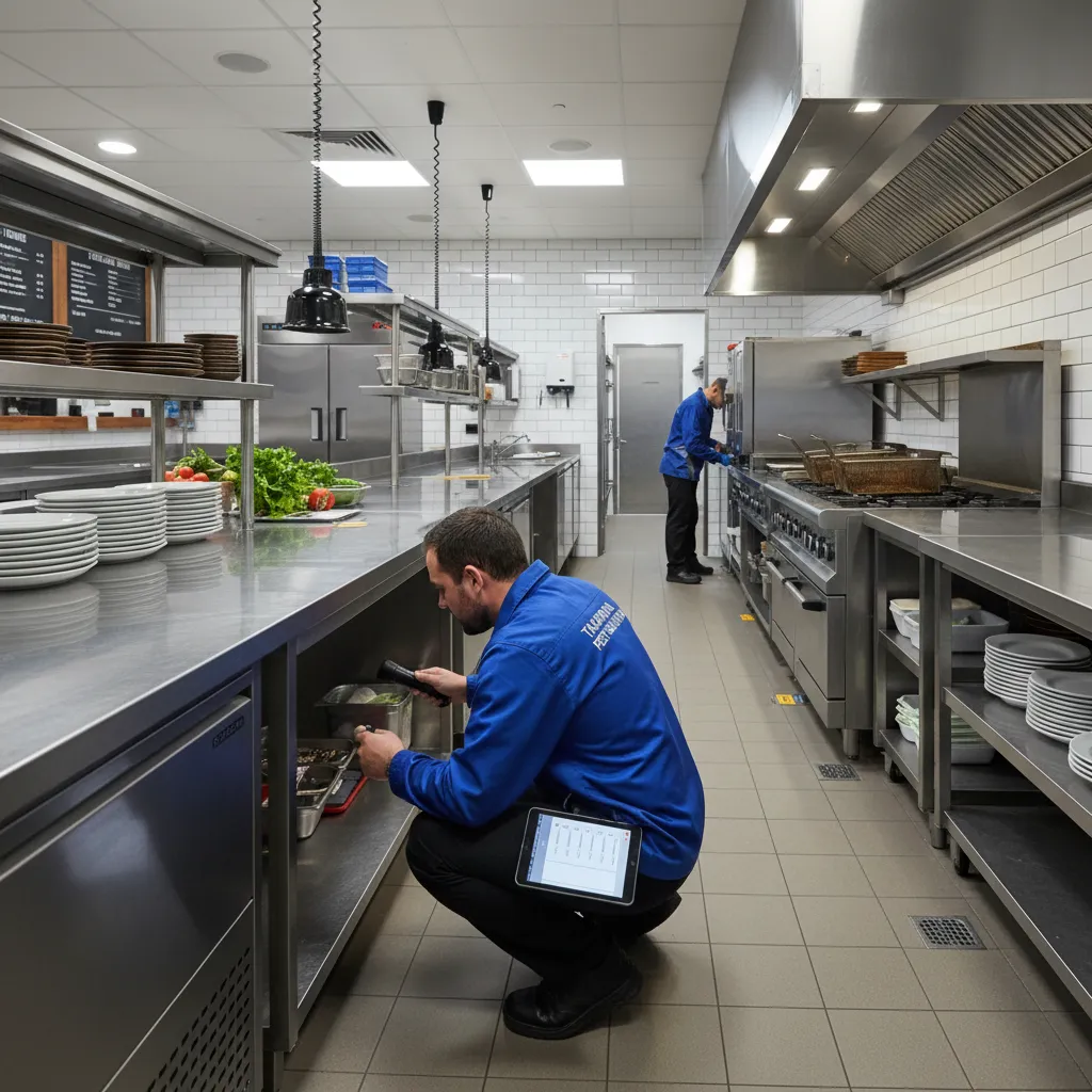 Professional exterminator in Takapuna inspecting a commercial kitchen