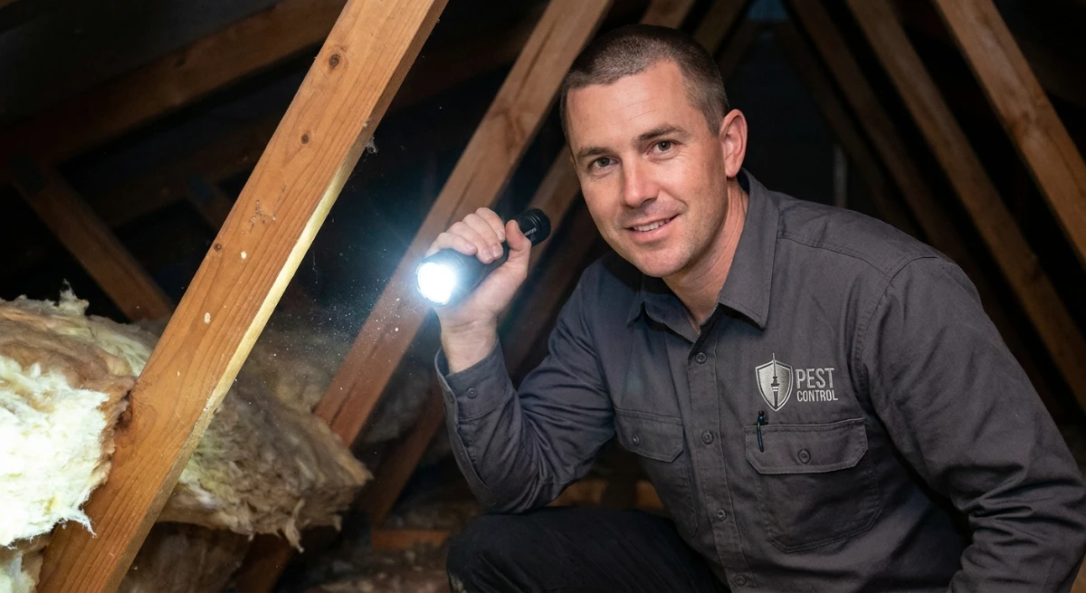 Professional inspecting roof cavity for pests in Auckland