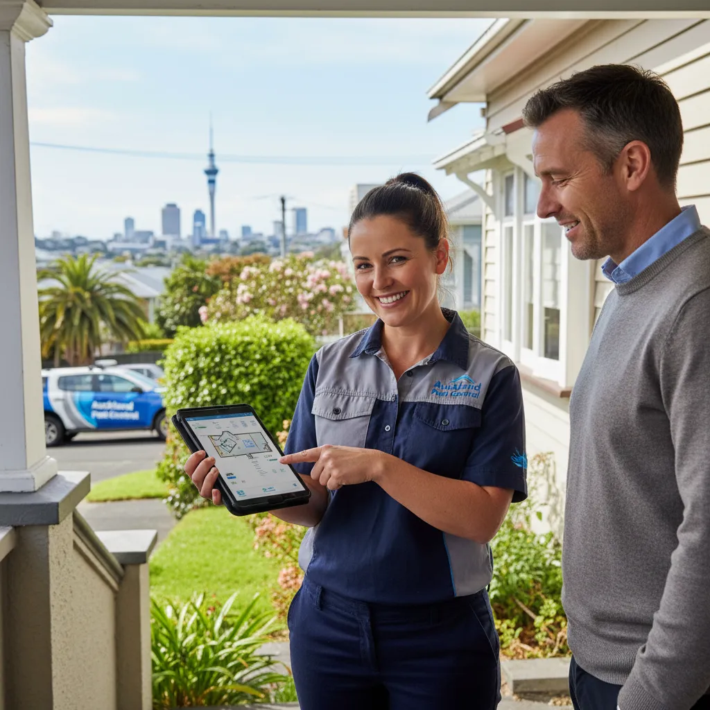 Professional pest control technician consulting with an Auckland homeowner