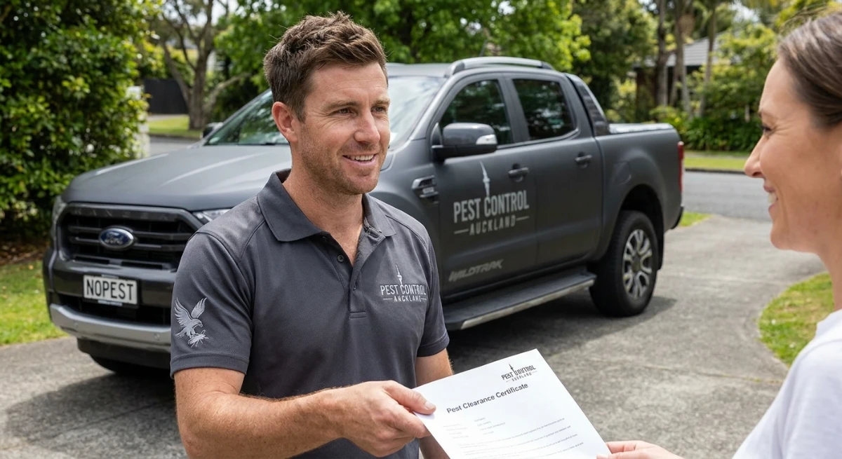 Professional pest control technician giving documentation to a tenant