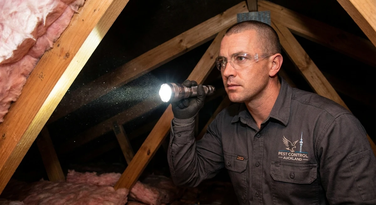 Professional pest control technician inspecting a roof void in Waitakere