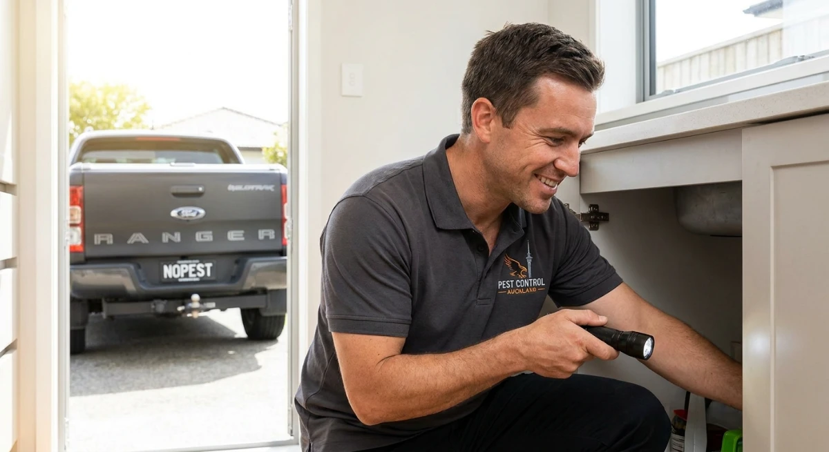 Professional pest control technician inspecting a kitchen