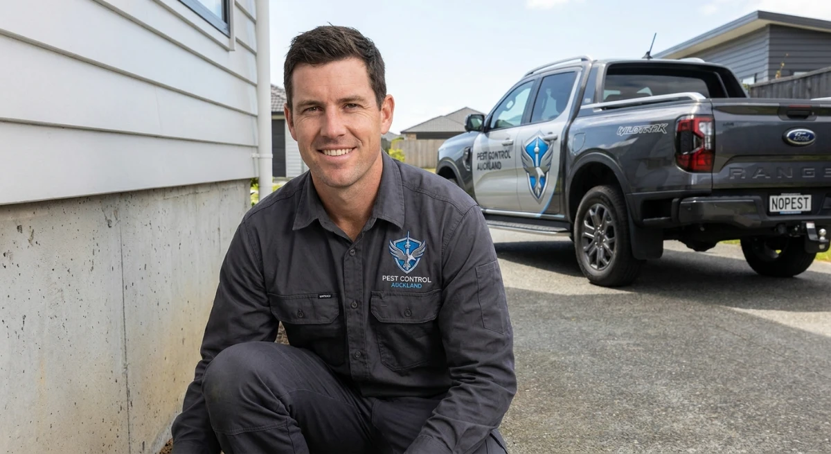 Professional pest control technician inspecting a West Auckland home for rodent entry points