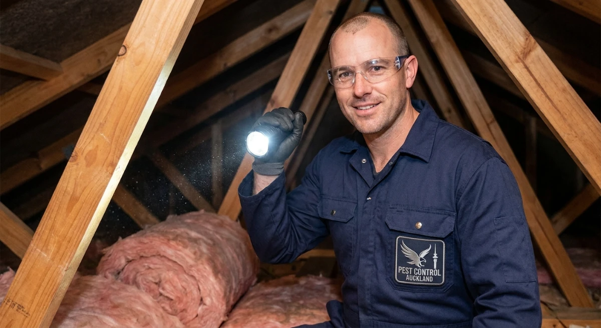 Comprehensive Pest Control Services Auckland Professional pest control technician inspecting a roof void in Auckland