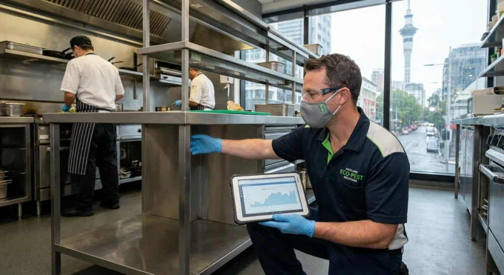 Professional pest control technician inspecting an Auckland commercial kitchen