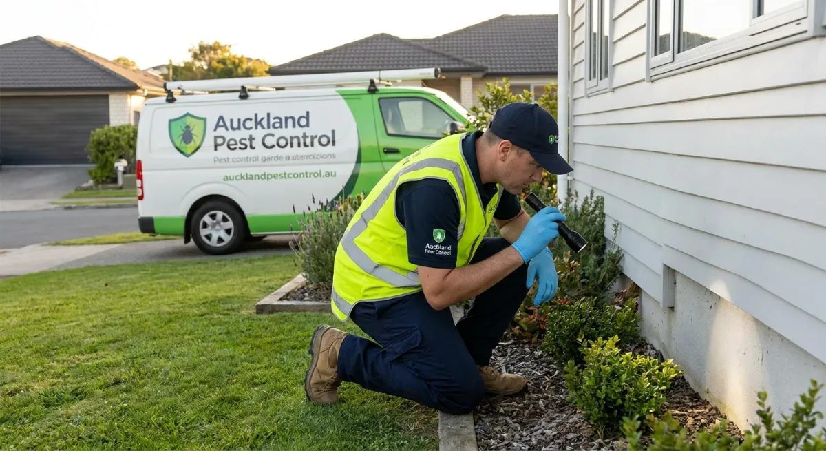 Professional pest control technician inspecting an Auckland home