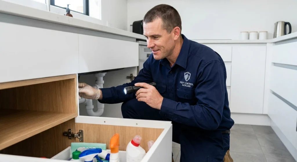 Professional pest control technician inspecting for cockroaches in an Auckland kitchen