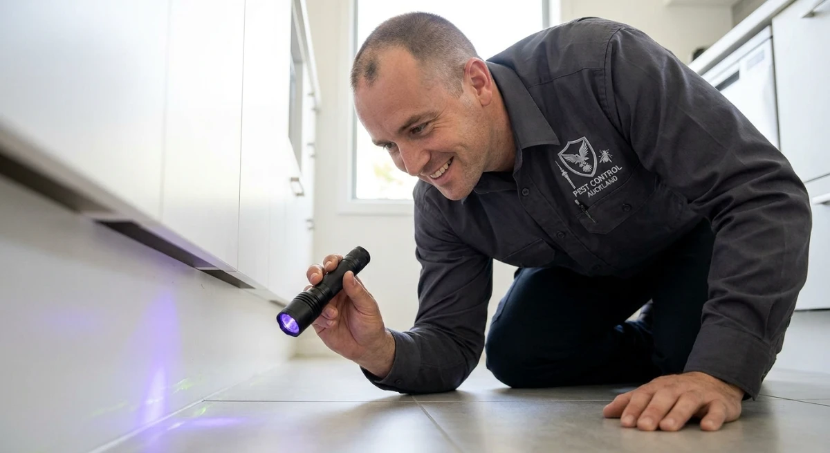 Professional pest control technician inspecting kitchen skirting boards for trail pheromones