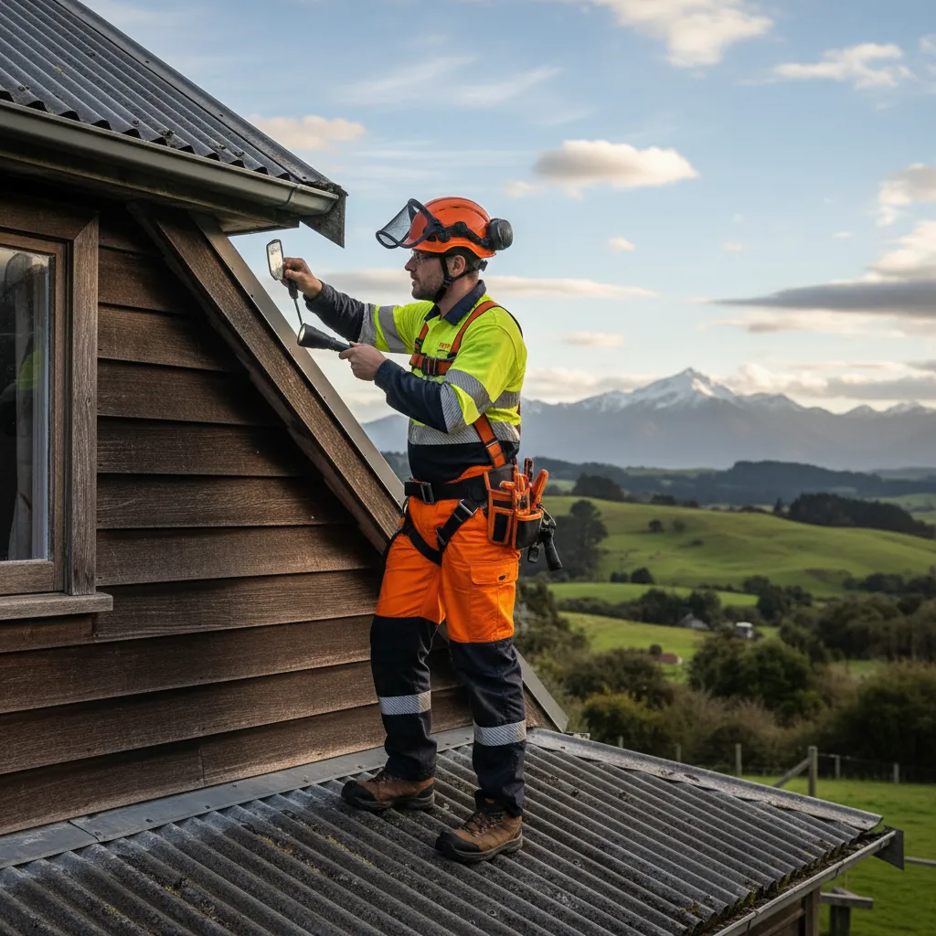 Professional pest control technician inspecting roofline for rat entry points