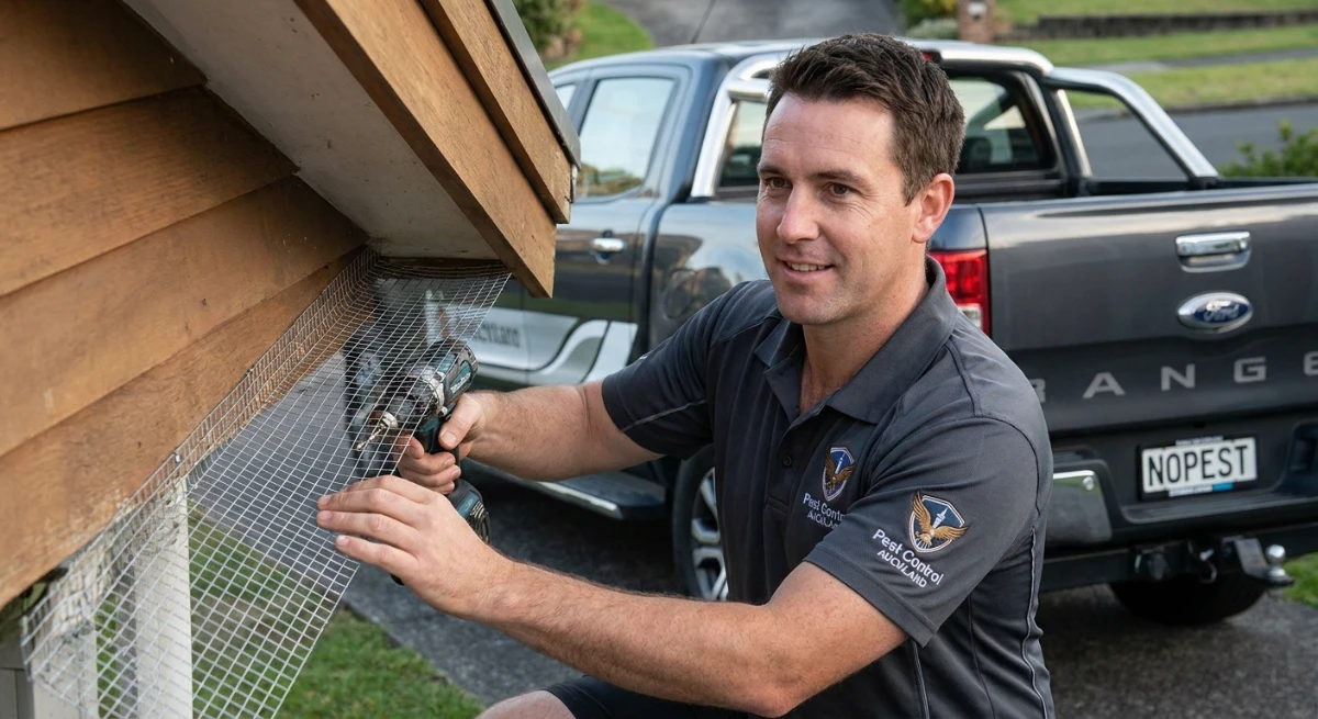 Professional pest control technician installing steel mesh over roof gap